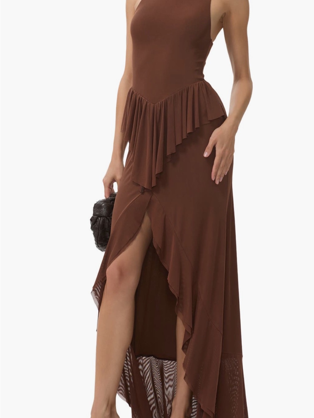 AFRM Brown Asymmetrical Ruffle High-Low Maxi Dress